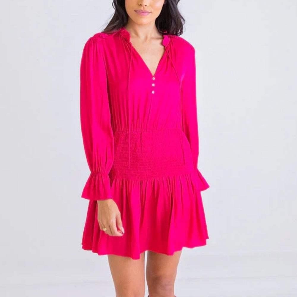 Karlie Large Dark Pink Satin‎ Long Sleeve Dress Smocked Waist Tie Neck